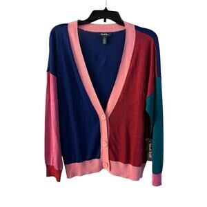 ModCloth Women’s Color block Cardigan Button Up V Neck Size Large NWT Pink Blue
